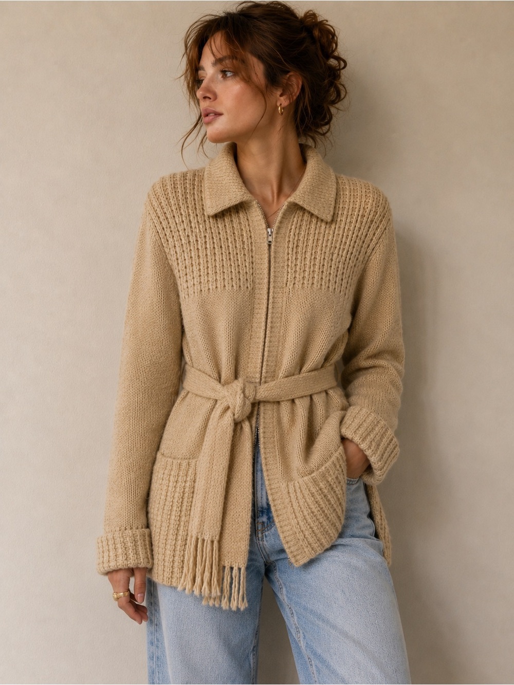 Gaeltarra Zip Up Cardigan Sweater w/ Belt - 100% Pure New Wool -See Measurements